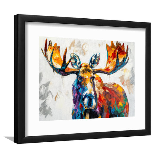 Moose Portrait Knife Painting Mixed Color, Framed  Print, Painting Art, Framed Art Print White Border Wall Decor