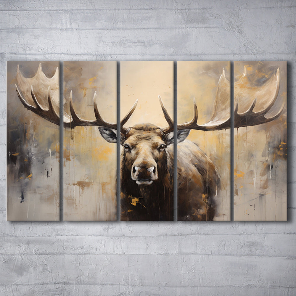 Moose Portrait Painting Canvas Print, Neutral Beige Gray Moose, 5 Panel B Canvas Print Wall Art, Extra Large Canvas