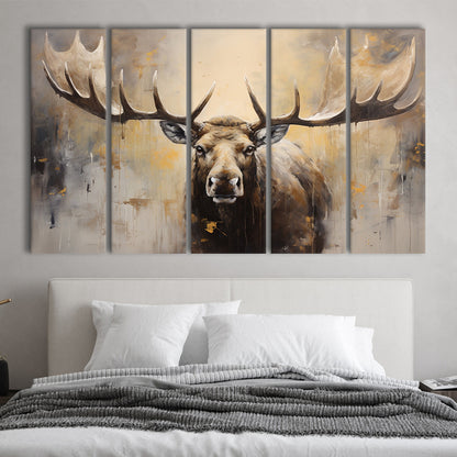 Moose Portrait Painting Canvas Print, Neutral Beige Gray Moose, 5 Panel B Canvas Print Wall Art, Extra Large Canvas