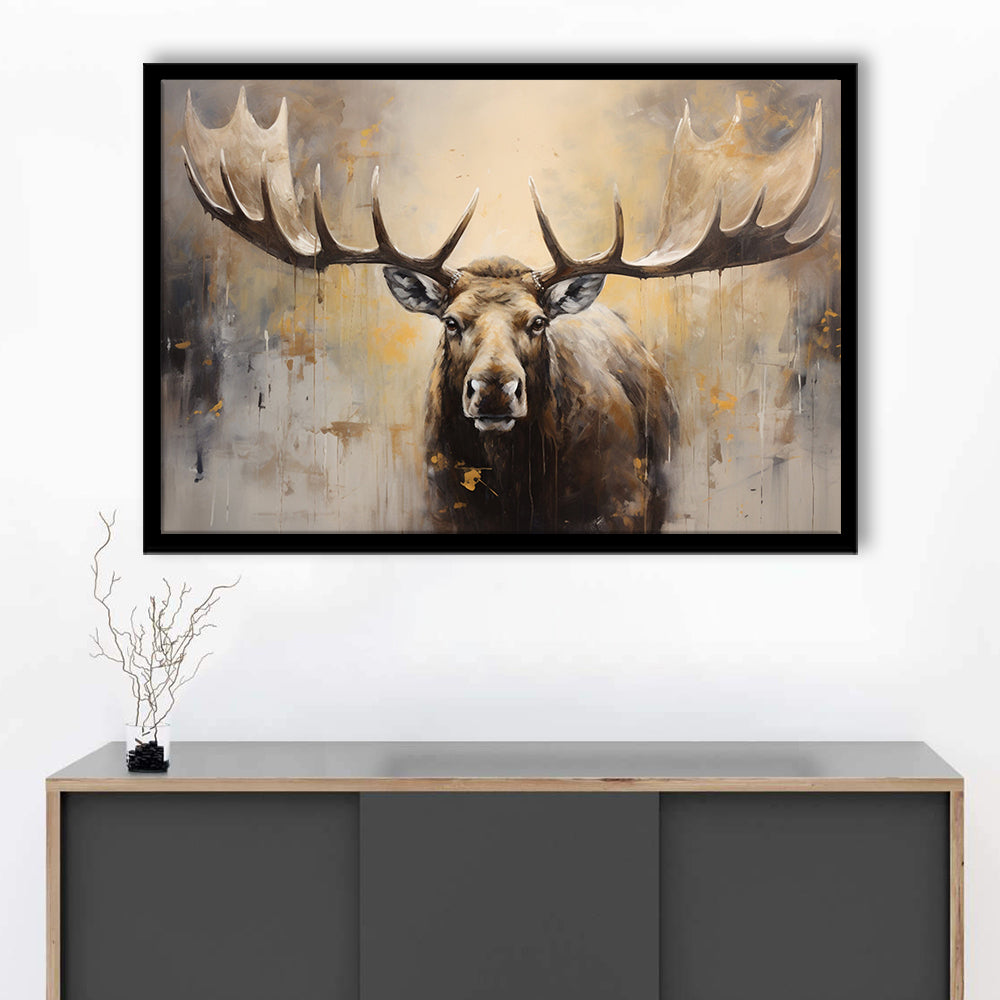 Moose Portrait Painting Canvas Print, Neutral Beige Gray Moose, Framed Art Print Wall Decor, Picture Framed