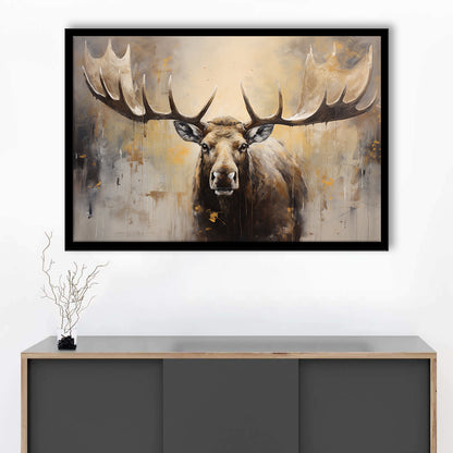 Moose Portrait Painting Canvas Print, Neutral Beige Gray Moose, Framed Art Print Wall Decor, Picture Framed