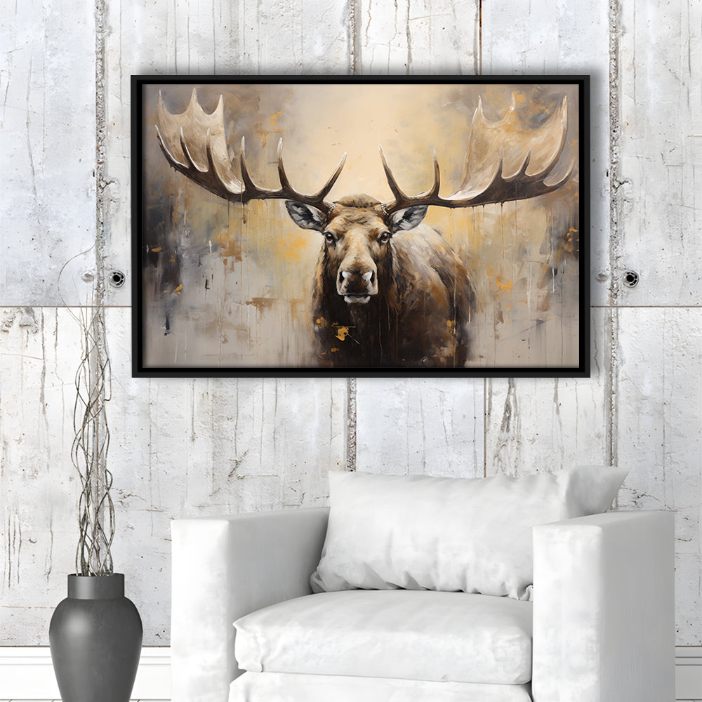 Moose Portrait Painting Canvas Print, Neutral Beige Gray Moose, Framed Canvas Print Wall Art, Floating Frame