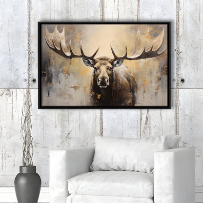Moose Portrait Painting Canvas Print, Neutral Beige Gray Moose, Framed Canvas Print Wall Art, Floating Frame