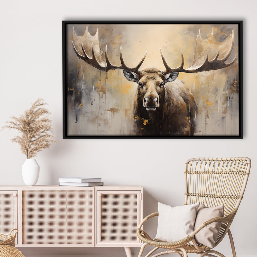 Moose Portrait Painting Canvas Print, Neutral Beige Gray Moose, Framed Canvas Print Wall Art, Floating Frame