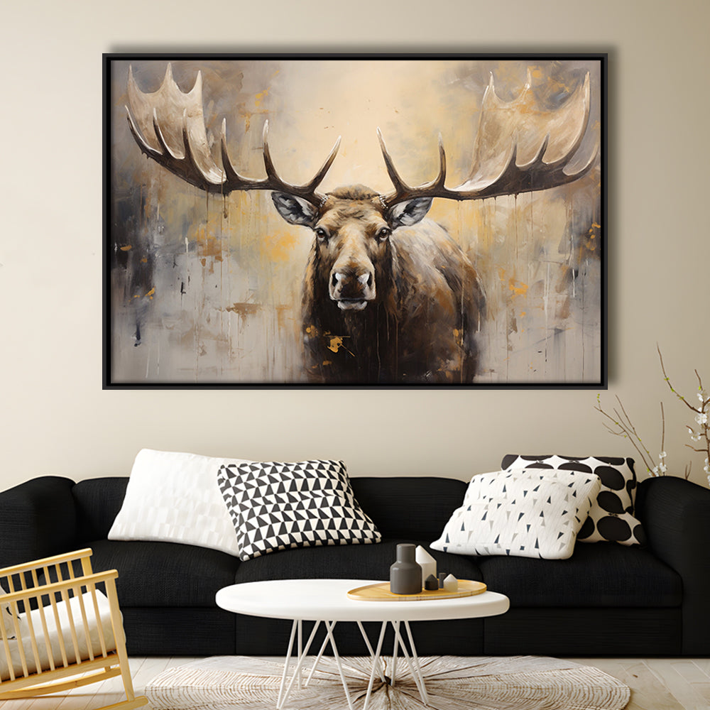 Moose Portrait Painting Canvas Print, Neutral Beige Gray Moose, Framed Canvas Print Wall Art, Floating Frame