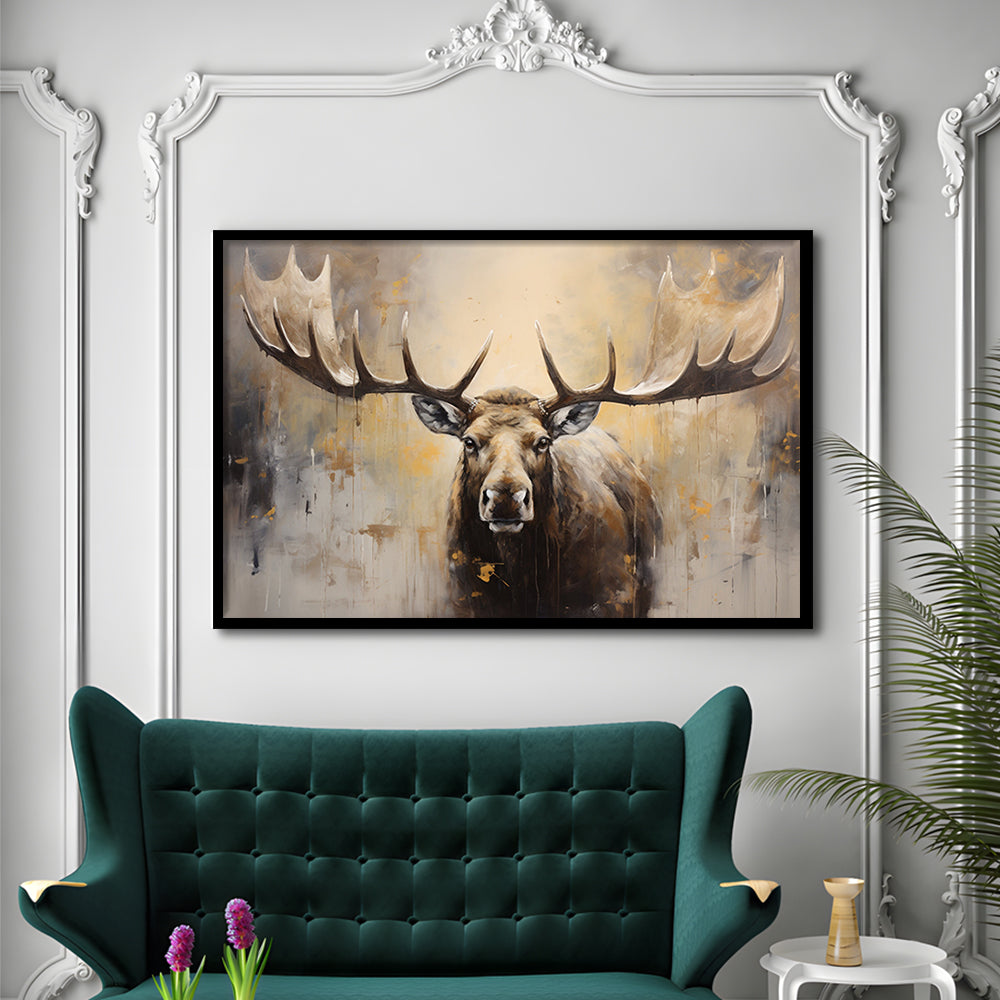 Moose Portrait Painting Canvas Print, Neutral Beige Gray Moose, Framed Art Print Wall Decor, Picture Framed