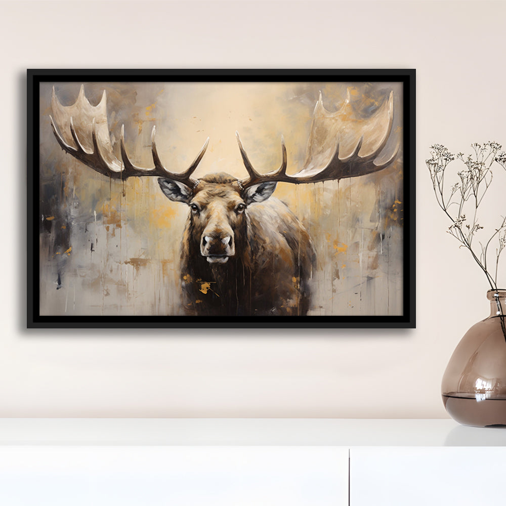 Moose Portrait Painting Canvas Print, Neutral Beige Gray Moose, Framed Canvas Print Wall Art, Floating Frame