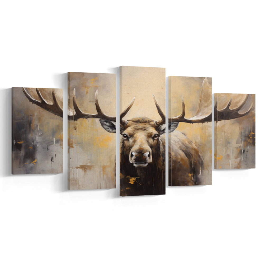 Moose Portrait Painting Canvas Print, Neutral Beige Gray Moose, 5 Panel Mixed Canvas Print Wall Art, Large Canvas