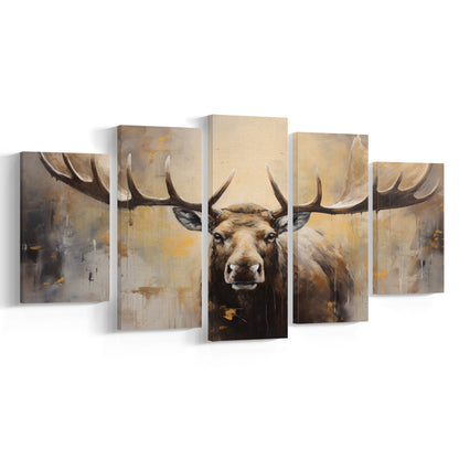 Moose Portrait Painting Canvas Print, Neutral Beige Gray Moose, 5 Panel Mixed Canvas Print Wall Art, Large Canvas