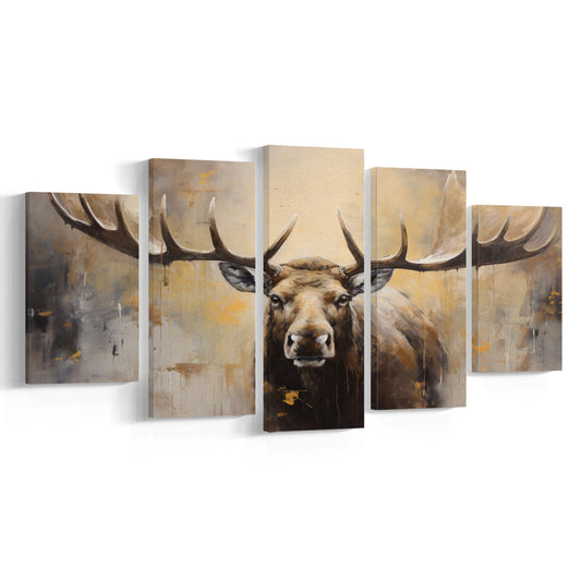 Moose Portrait Painting Canvas Print, Neutral Beige Gray Moose, 5 Panel Mixed Canvas Print Wall Art, Large Canvas