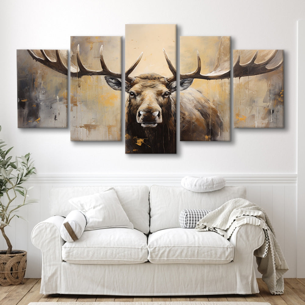 Moose Portrait Painting Canvas Print, Neutral Beige Gray Moose, 5 Panel Mixed Canvas Print Wall Art, Large Canvas