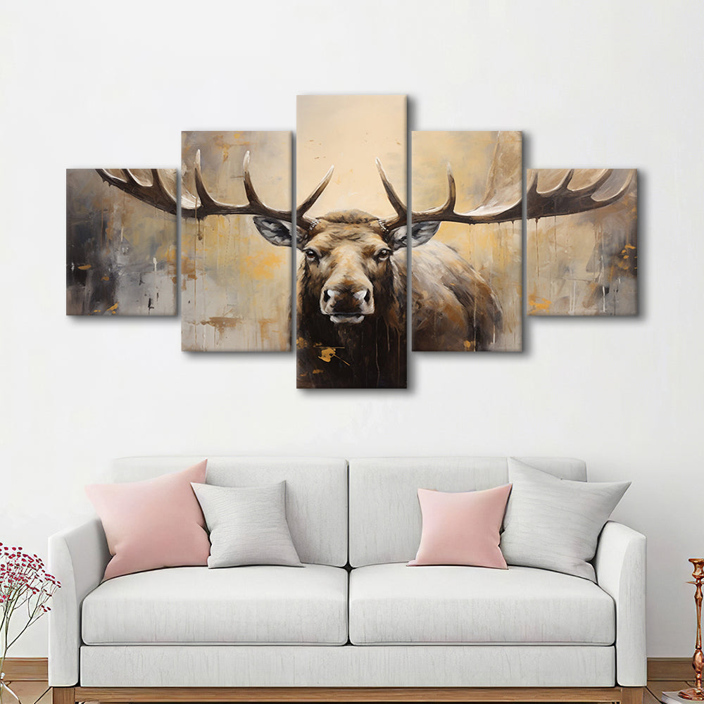 Moose Portrait Painting Canvas Print, Neutral Beige Gray Moose, 5 Panel Mixed Canvas Print Wall Art, Large Canvas