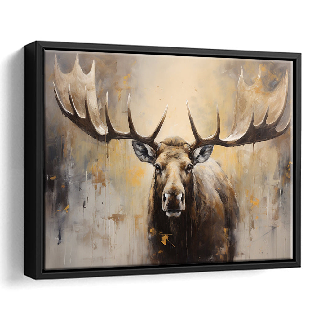 Moose Portrait Painting Canvas Print, Neutral Beige Gray Moose, Framed Canvas Print Wall Art, Floating Frame
