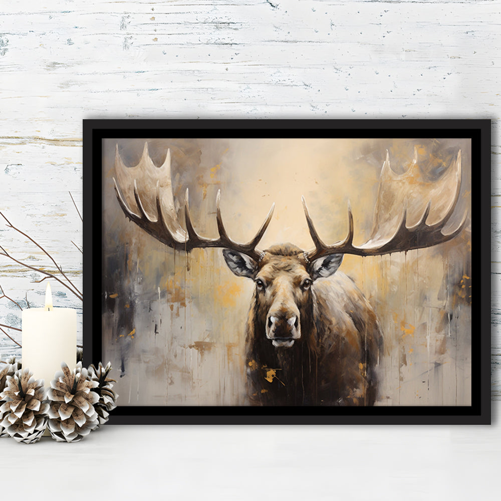 Moose Portrait Painting Canvas Print, Neutral Beige Gray Moose, Framed Canvas Print Wall Art, Floating Frame