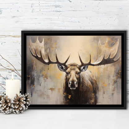 Moose Portrait Painting Canvas Print, Neutral Beige Gray Moose, Framed Canvas Print Wall Art, Floating Frame