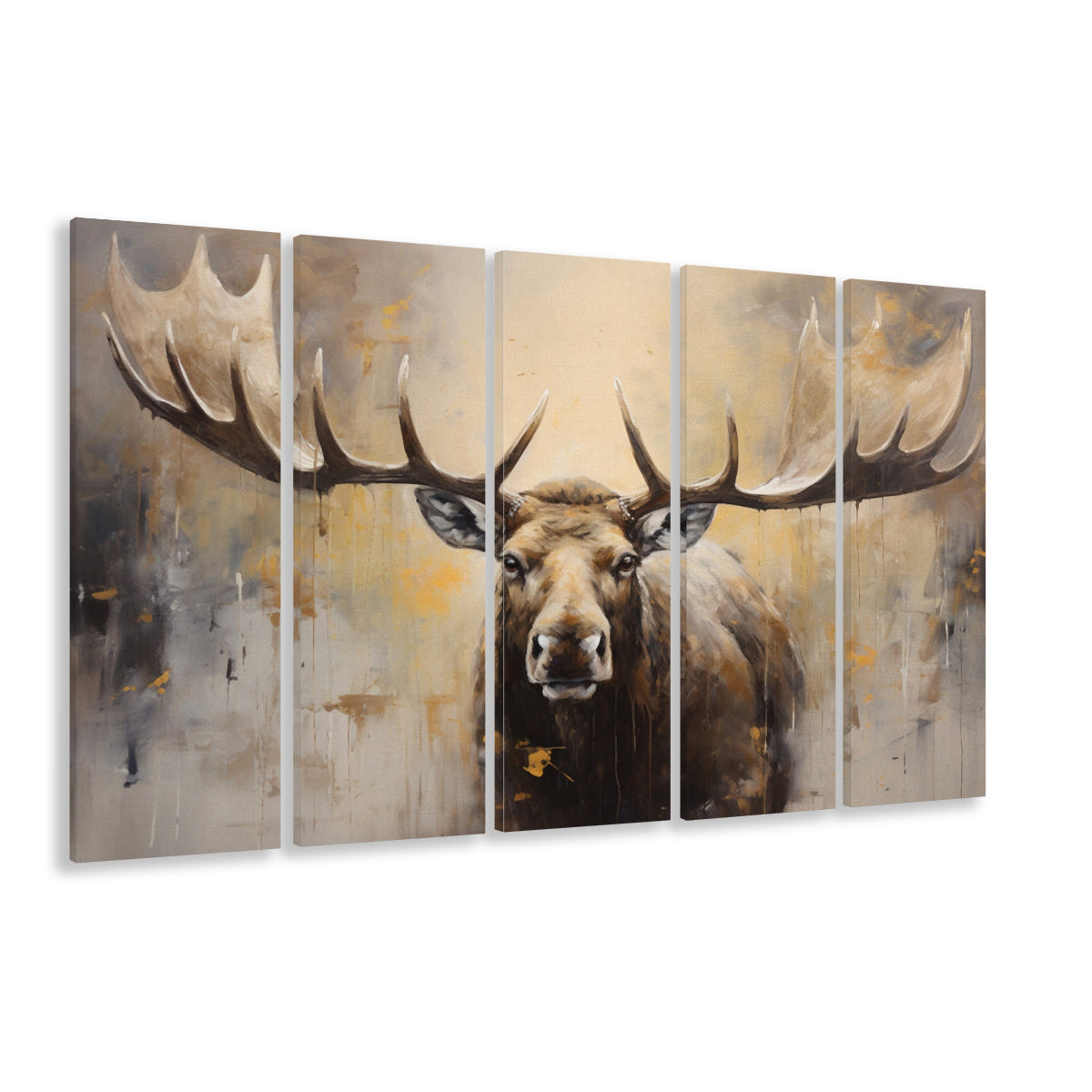 Moose Portrait Painting Canvas Print, Neutral Beige Gray Moose, 5 Panel B Canvas Print Wall Art, Extra Large Canvas