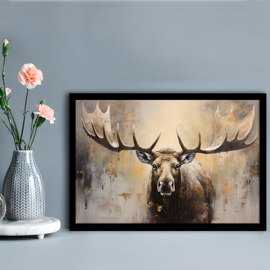 Moose Portrait Painting Canvas Print, Neutral Beige Gray Moose, Framed Art Print Wall Decor, Picture Framed