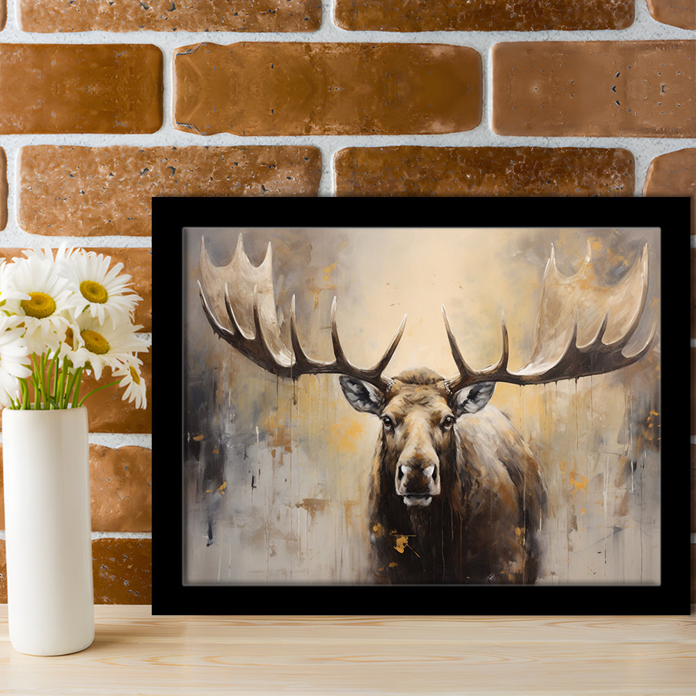 Moose Portrait Painting Canvas Print, Neutral Beige Gray Moose, Framed Art Print Wall Decor, Picture Framed