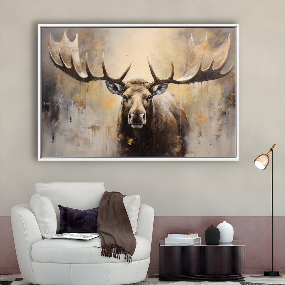 Moose Portrait Painting Canvas Print, Neutral Beige Gray Moose, Framed Canvas Print Wall Art, Floating Frame