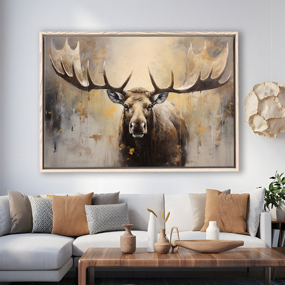 Moose Portrait Painting Canvas Print, Neutral Beige Gray Moose, Framed Canvas Print Wall Art, Floating Frame