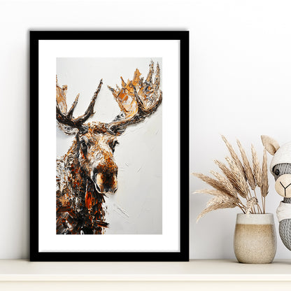 Moose Portrait Painting White Background, Framed Picture Print, Framed Art Prints White Border Wall Decor