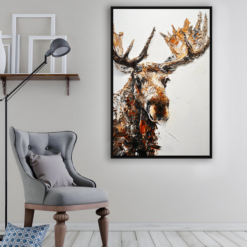 Moose Portrait Painting White Background, Floating Framed Canvas Art Print,, Framed Canvas Prints Wall Art
