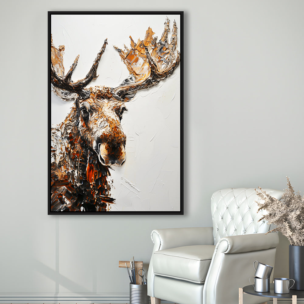 Moose Portrait Painting White Background, Floating Framed Canvas Art Print,, Framed Canvas Prints Wall Art