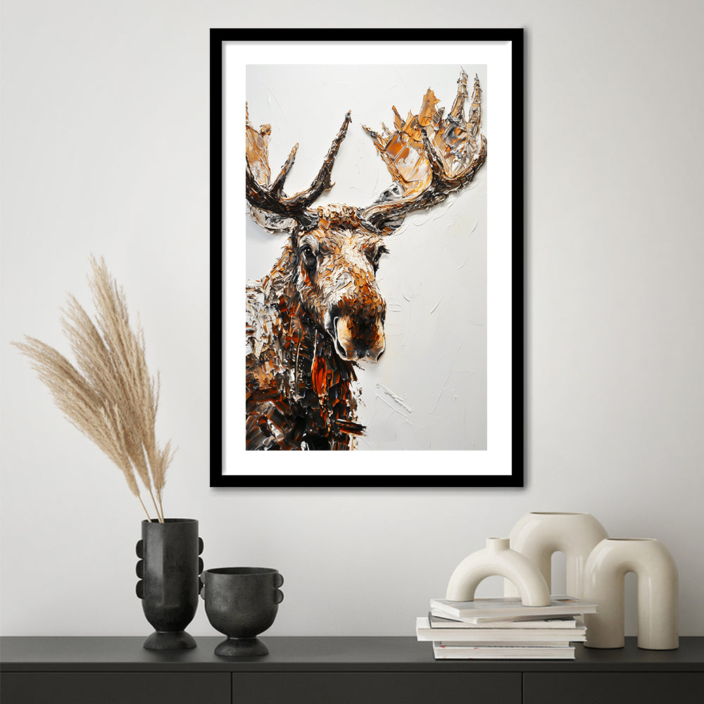Moose Portrait Painting White Background, Framed Picture Print, Framed Art Prints White Border Wall Decor