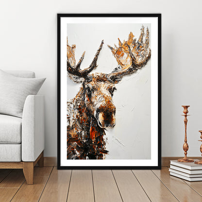 Moose Portrait Painting White Background, Framed Picture Print, Framed Art Prints White Border Wall Decor