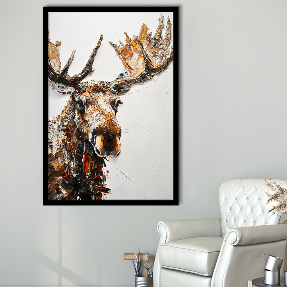 Moose Portrait Painting White Background, Framed Picture Print,, Framed Art Prints Wall Decor