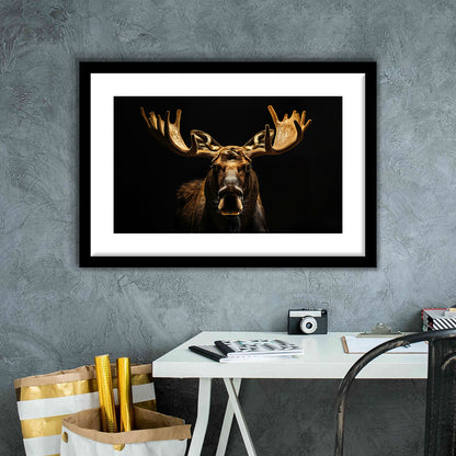 Moose Portrait With Black And Gold, Framed  Print, Painting Art, Framed Art Print White Border Wall Decor