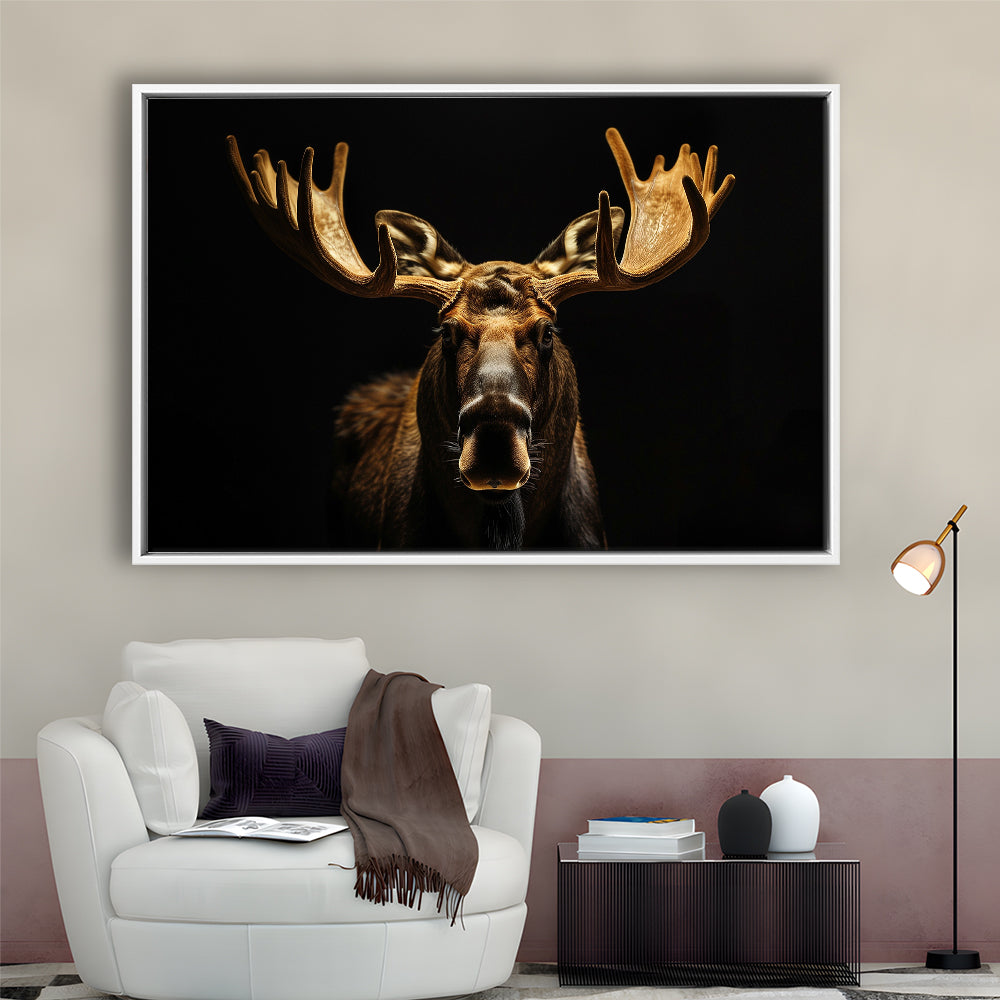 Moose Portrait With Black And Gold, Framed Canvas Print, Painting Art, Floating Framed Canvas Print Wall Art