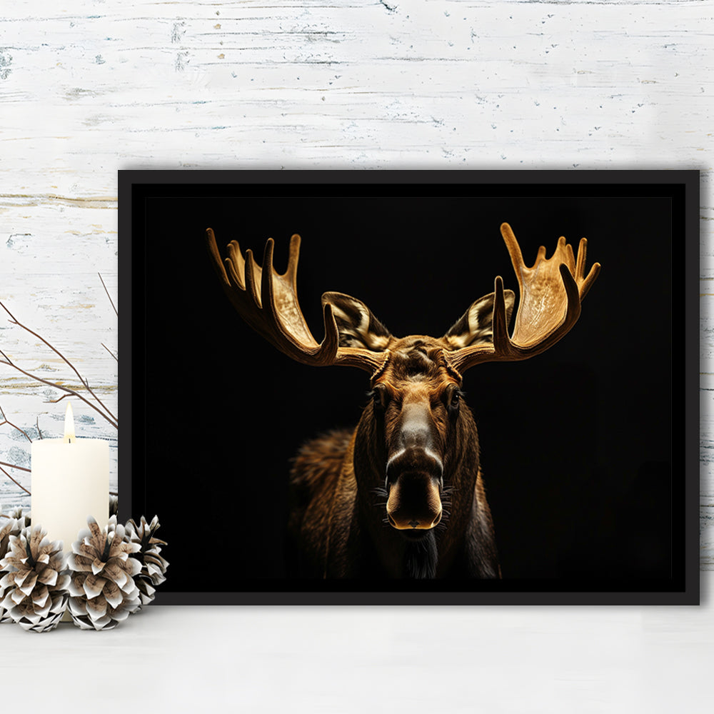 Moose Portrait With Black And Gold, Framed Canvas Print, Painting Art, Floating Framed Canvas Print Wall Art