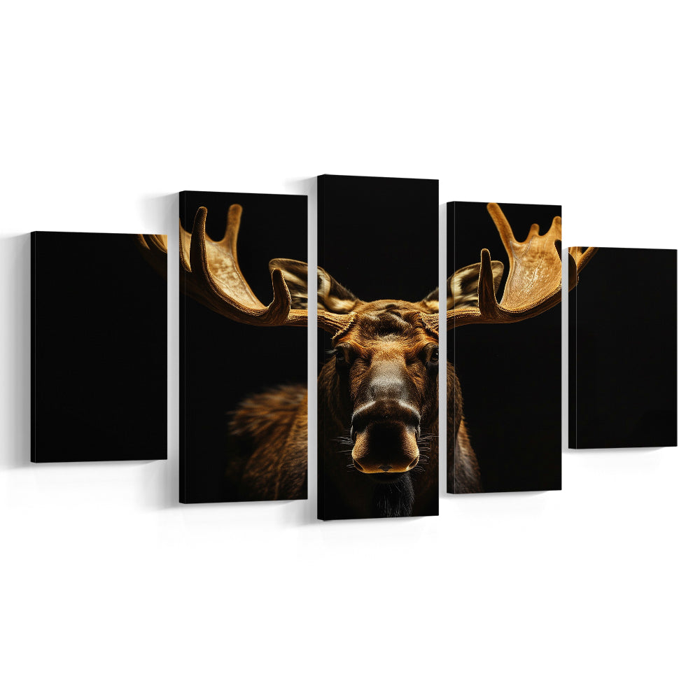 Moose Portrait With Black And Gold, Canvas Art Decor Print, Painting Art, Mixed Panels Canvas Print Wall Art