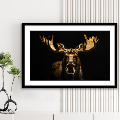 Moose Portrait With Black And Gold, Framed  Print, Painting Art, Framed Art Print White Border Wall Decor