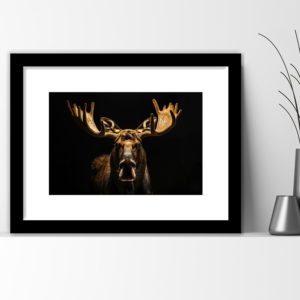Moose Portrait With Black And Gold, Framed  Print, Painting Art, Framed Art Print White Border Wall Decor