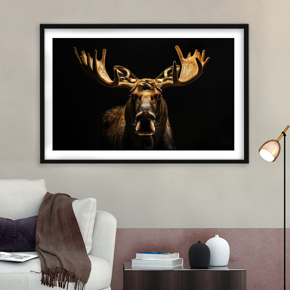 Moose Portrait With Black And Gold, Framed  Print, Painting Art, Framed Art Print White Border Wall Decor
