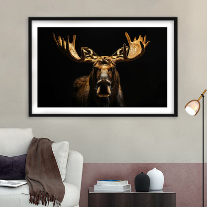 Moose Portrait With Black And Gold, Framed  Print, Painting Art, Framed Art Print White Border Wall Decor