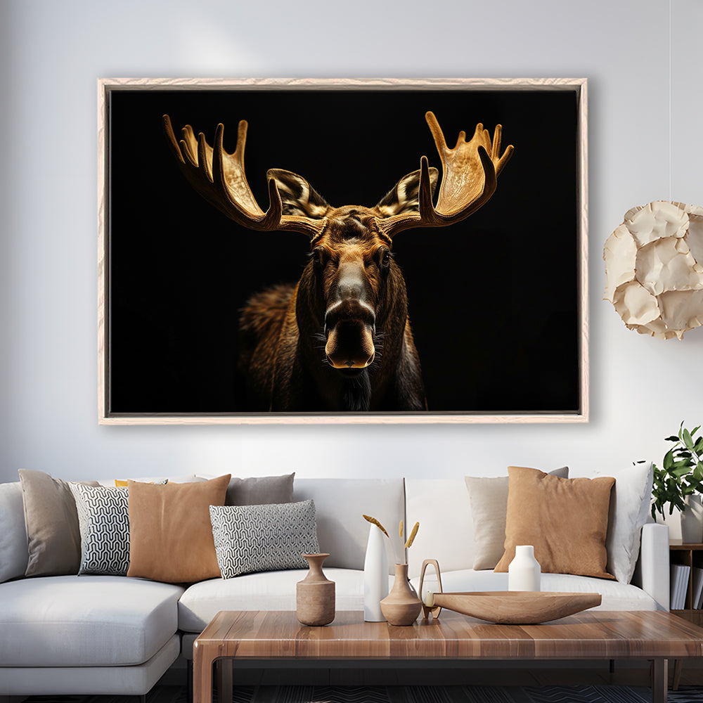 Moose Portrait With Black And Gold, Framed Canvas Print, Painting Art, Floating Framed Canvas Print Wall Art