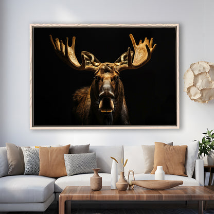 Moose Portrait With Black And Gold, Framed Canvas Print, Painting Art, Floating Framed Canvas Print Wall Art