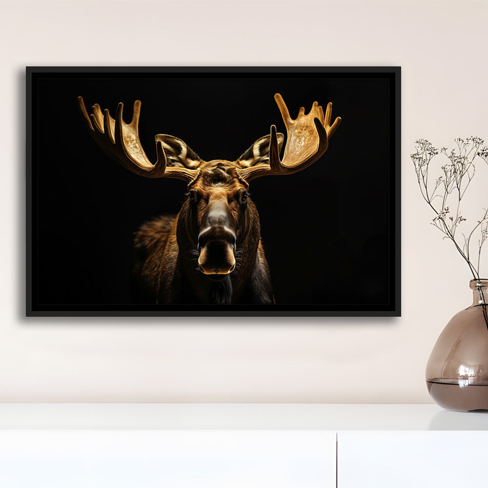 Moose Portrait With Black And Gold, Framed Canvas Print, Painting Art, Floating Framed Canvas Print Wall Art