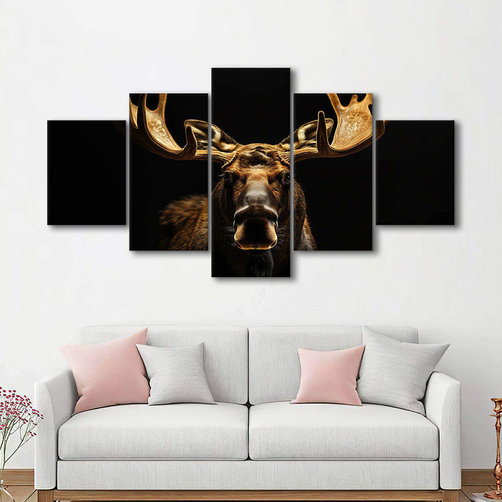 Moose Portrait With Black And Gold, Canvas Art Decor Print, Painting Art, Mixed Panels Canvas Print Wall Art