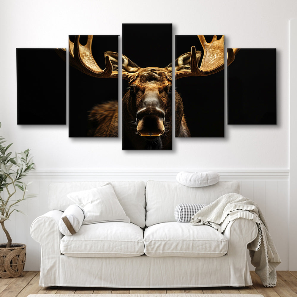 Moose Portrait With Black And Gold, Canvas Art Decor Print, Painting Art, Mixed Panels Canvas Print Wall Art