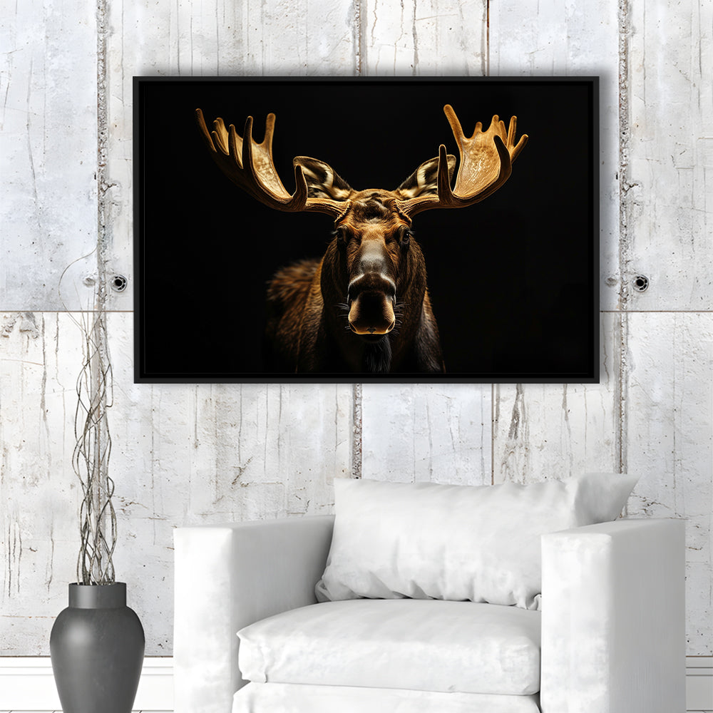Moose Portrait With Black And Gold, Framed Canvas Print, Painting Art, Floating Framed Canvas Print Wall Art