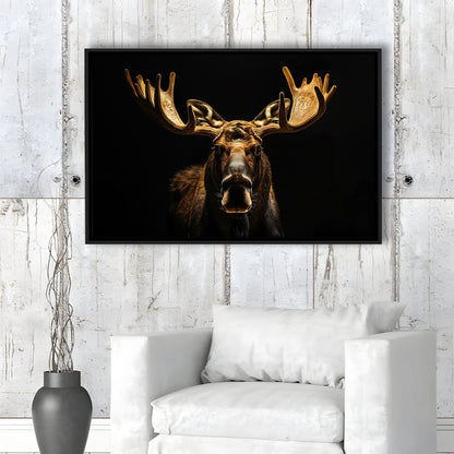Moose Portrait With Black And Gold, Framed Canvas Print, Painting Art, Floating Framed Canvas Print Wall Art