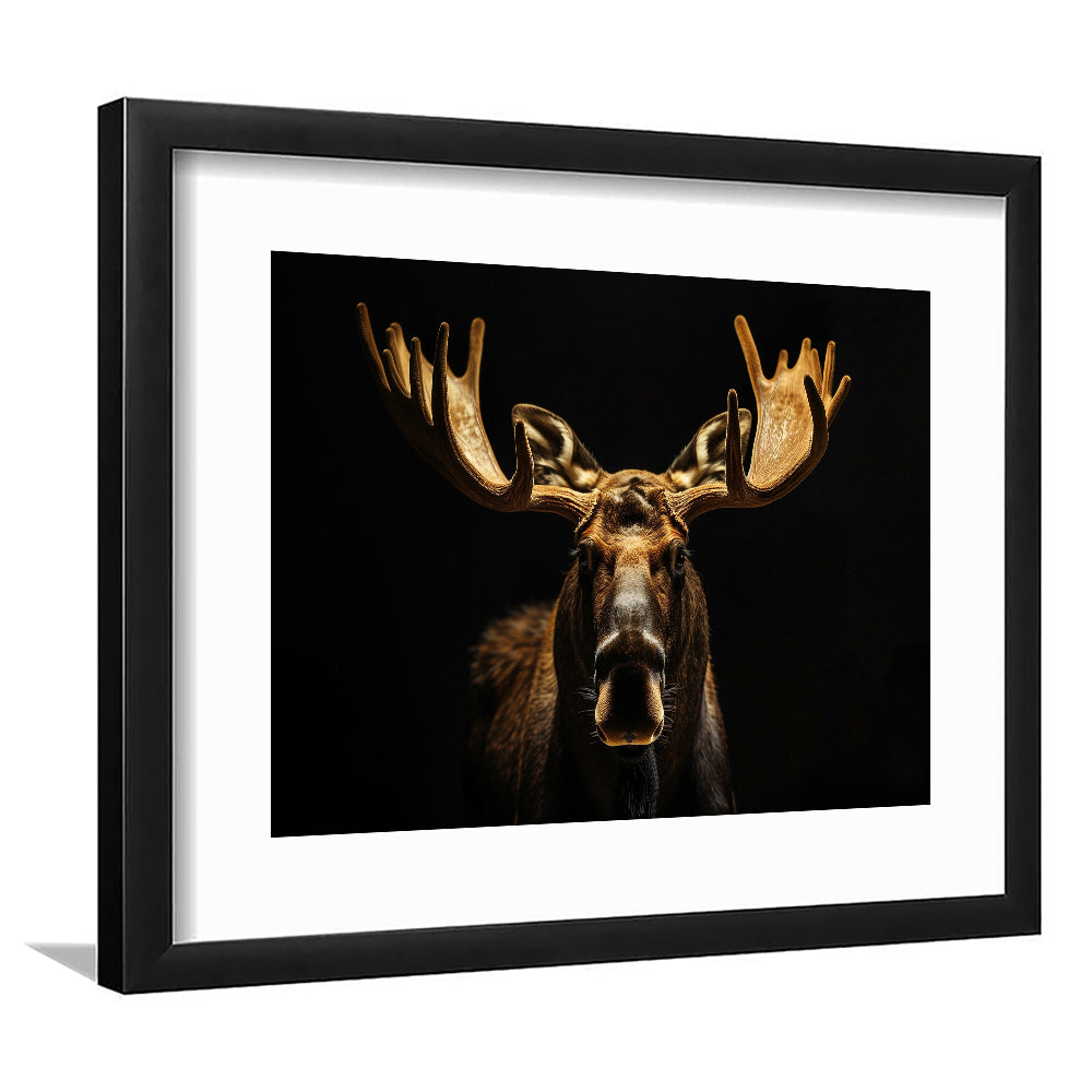 Moose Portrait With Black And Gold, Framed  Print, Painting Art, Framed Art Print White Border Wall Decor