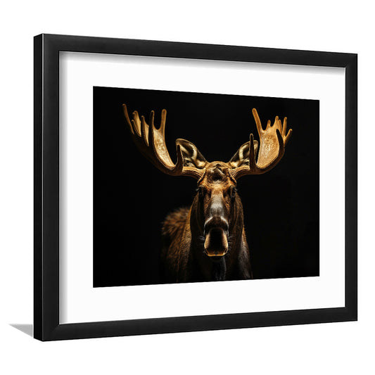 Moose Portrait With Black And Gold, Framed  Print, Painting Art, Framed Art Print White Border Wall Decor