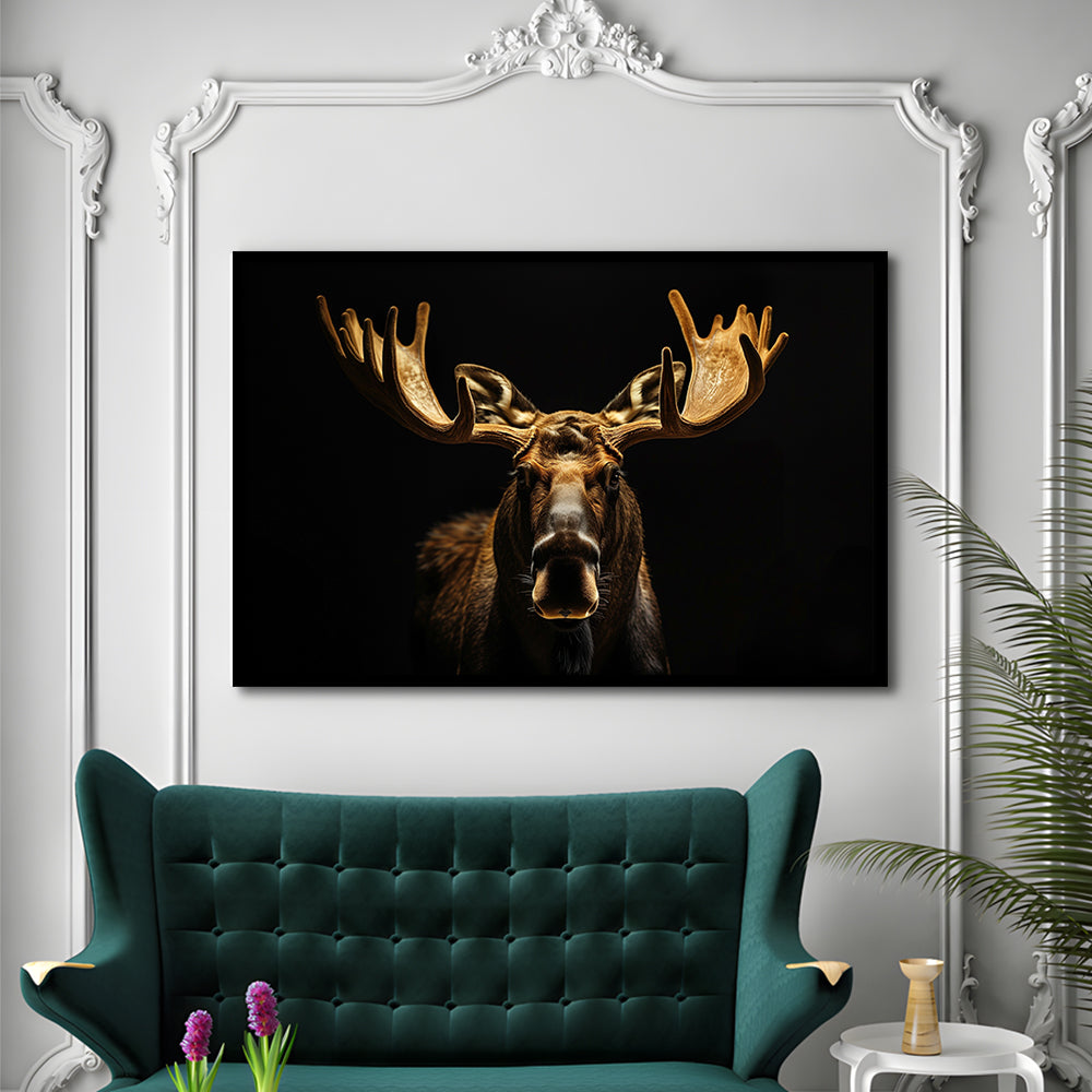 Moose Portrait With Black And Gold, Framed  Print, Painting Art, Framed Art Print Wall Decor, Framed Picture