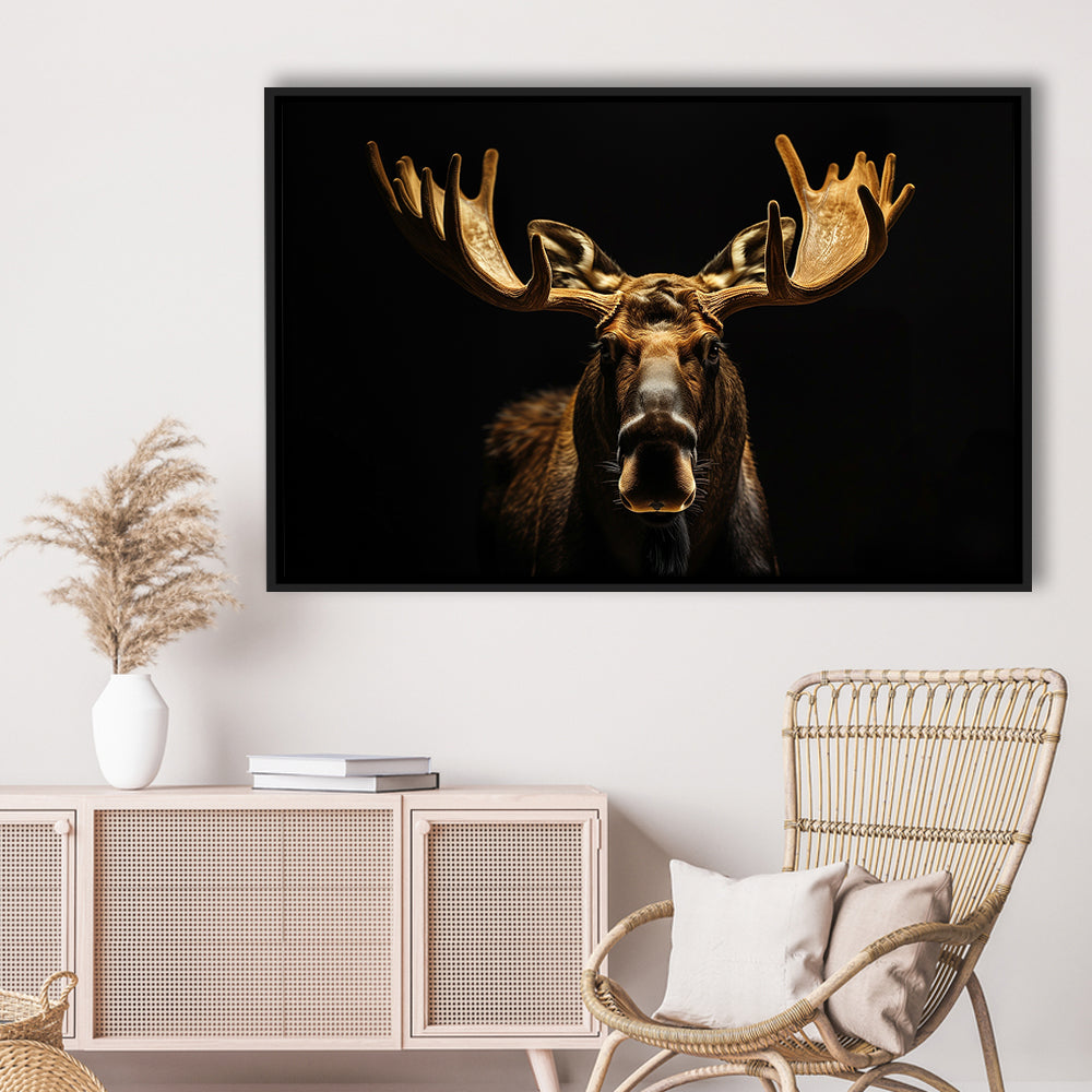 Moose Portrait With Black And Gold, Framed Canvas Print, Painting Art, Floating Framed Canvas Print Wall Art