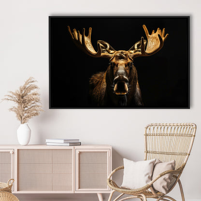 Moose Portrait With Black And Gold, Framed Canvas Print, Painting Art, Floating Framed Canvas Print Wall Art
